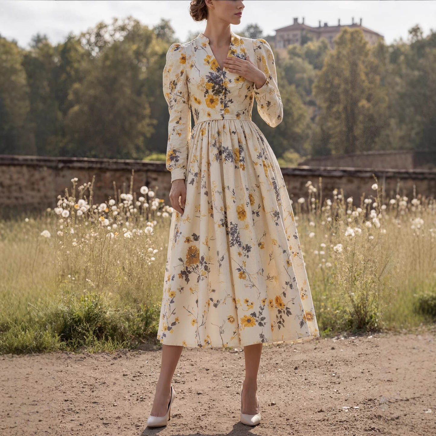Retro casual V-neck printed long-sleeved women's dress
