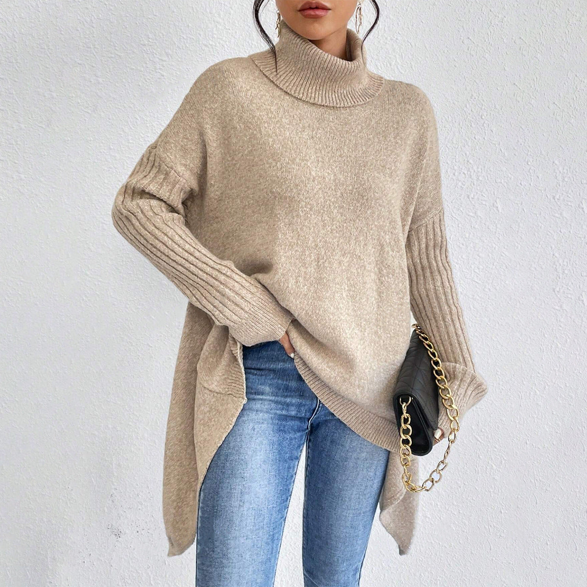 Uregelmæssig rullekrave-sweater Vinter løs langærmet striktoppe Fritids varm pullover-sweater Dametøj