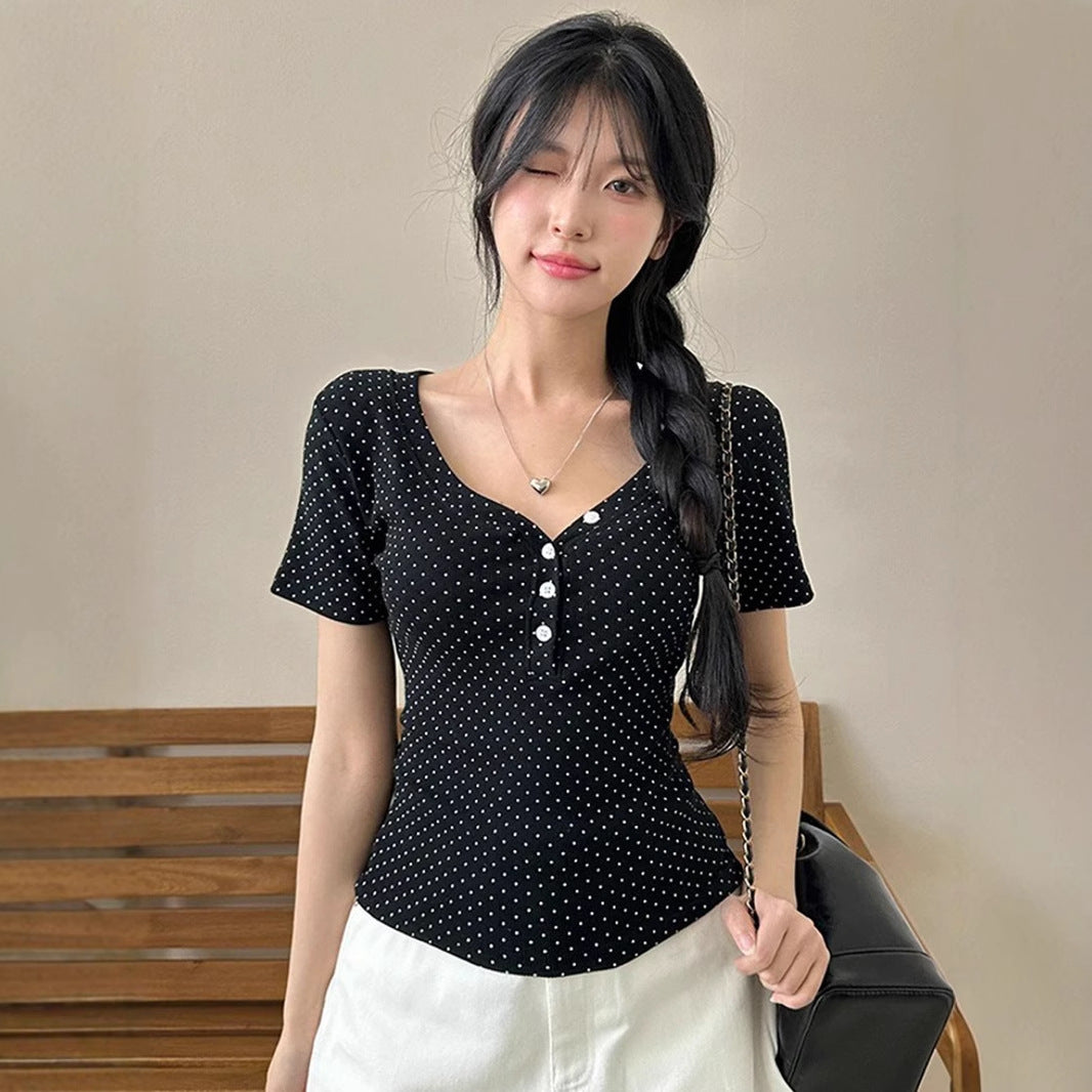 Polka Dot V-collar Contrast Color All-match Short Sleeve