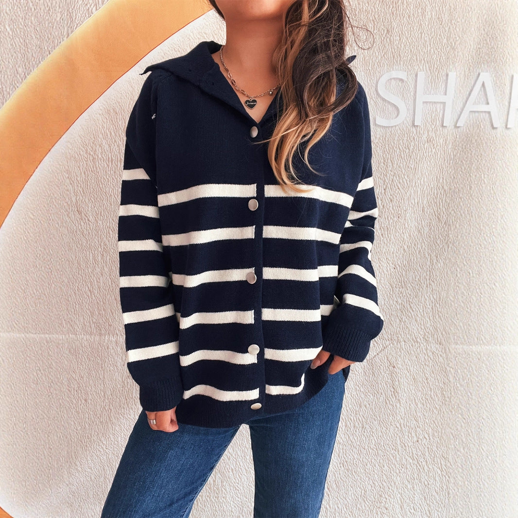 Fashion Loose Button Casual Contrast Color Striped Knitted Sweater