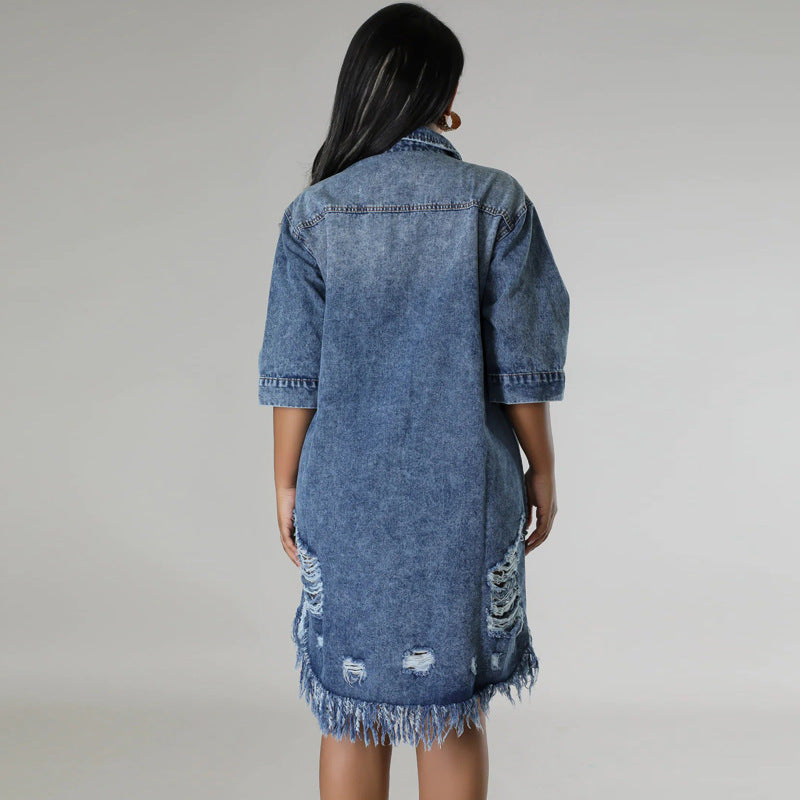 Denim Ripped Fringe Short-Sleeve Lapel Dress