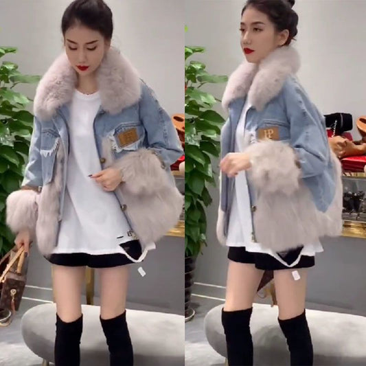 Denim Parka With Faux Fox Fur Trim