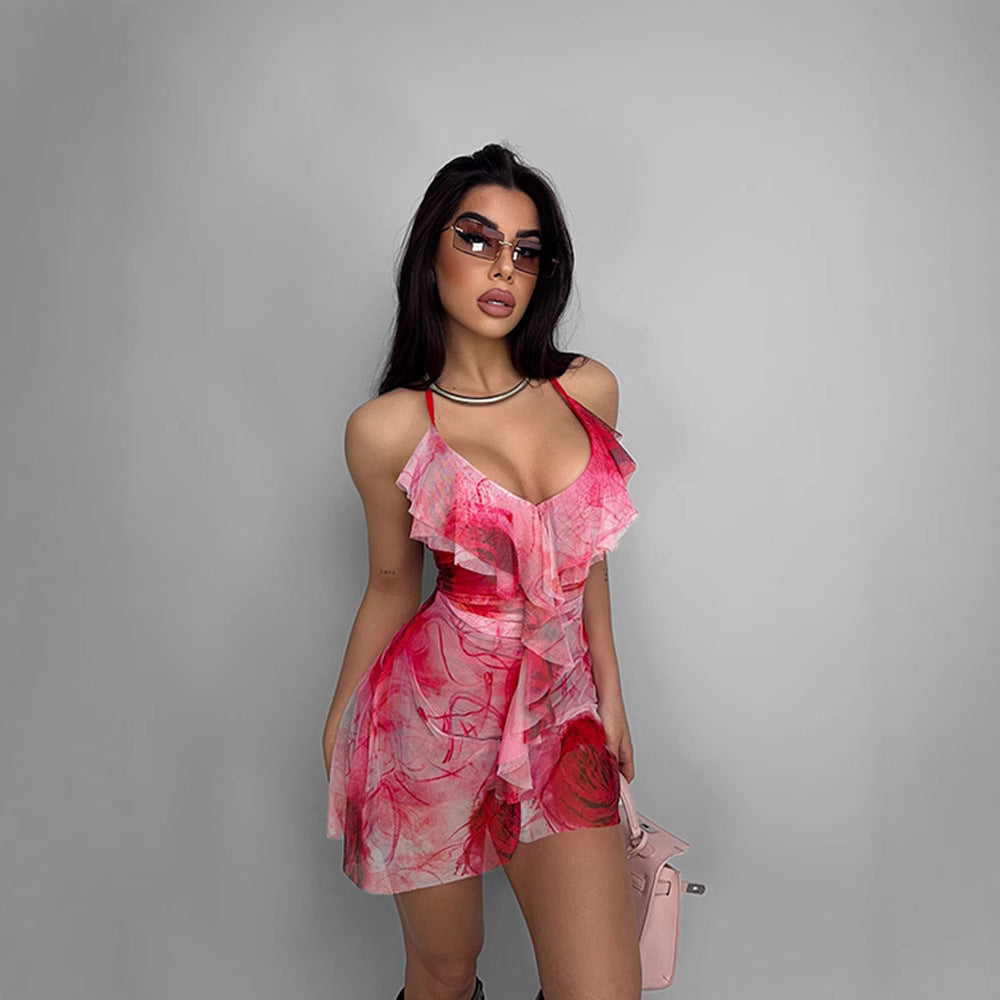 Seaside Vacation Style Womens Mesh Ruffle Fairy-Like High-Waisted A-Line Printed Camisole Skirt
