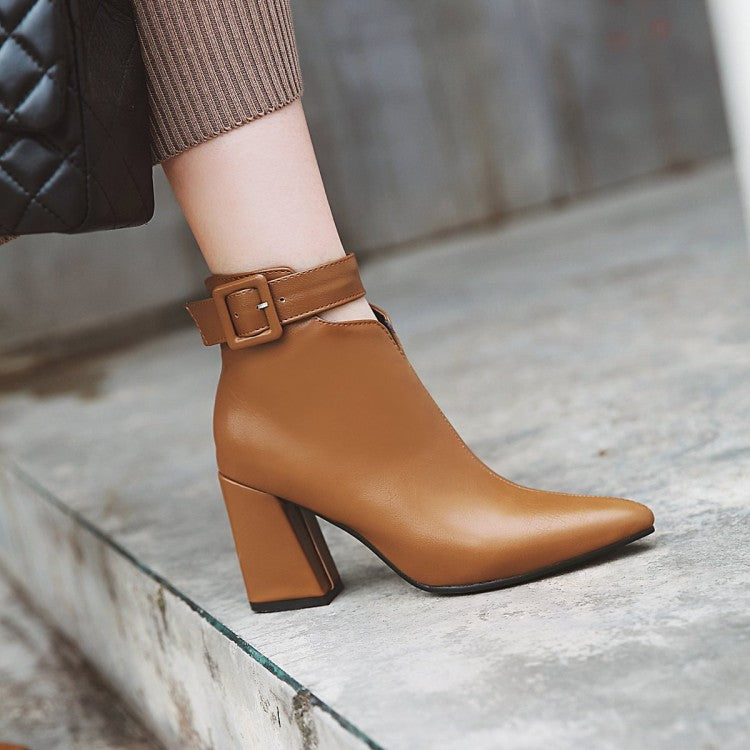 British Pointed Toe Belt Buckle Side Zipper Thick Heel High Heel Women's Boots
