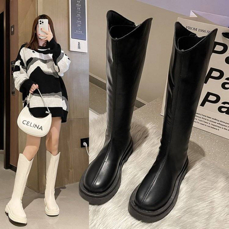 Women's Leather Over-the-knee Boots With Thick Soles And Zippers