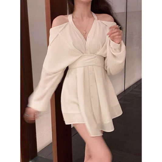 Off-the-shoulder Long Sleeve Dress Women's Early Autumn High-grade V-neck Shirt Dress Shorts