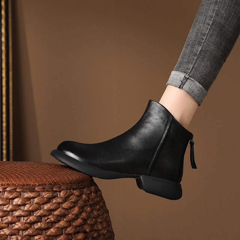 Genuine Leather Retro Western Style Short Boots Women's Autumn Back Zipper