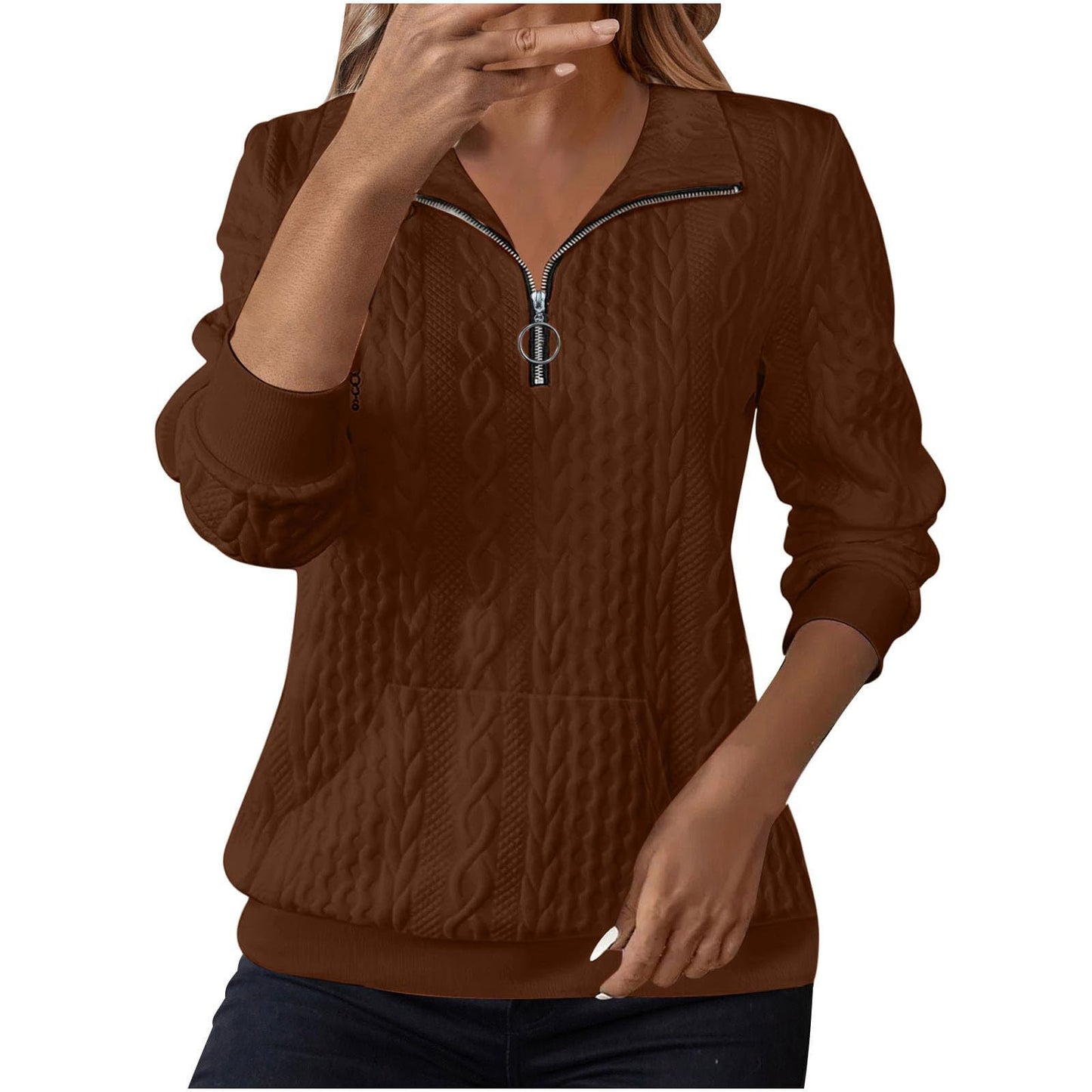 Womens Casual Lapel-collar Zip-up Long-sleeve Hoodie With Pockets