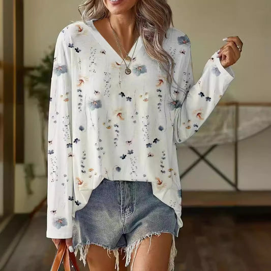 Langærmet løs V-hals T-shirt sweater til kvinder med print