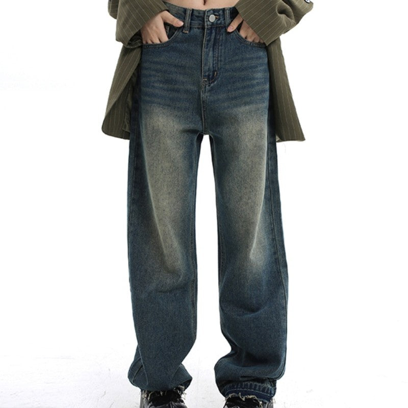 Taljerede Lige Rør Retro Jeans Med Løs Pasform Vide Ben High Street Moppebukser