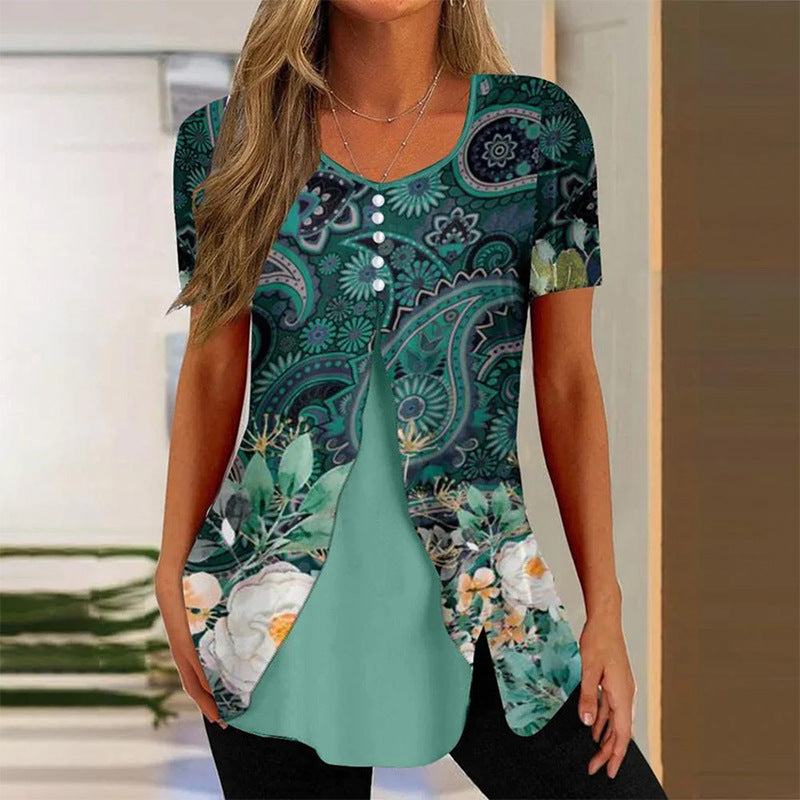 Women's Floral Print Round Neck False Two Pieces Button Short Sleeve T-shirt