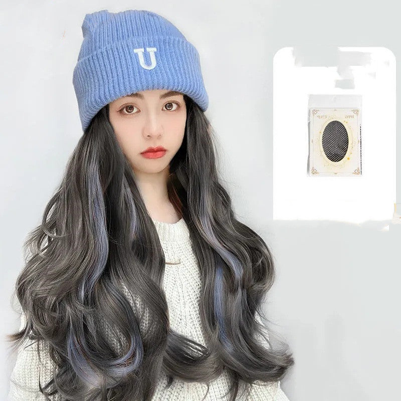 Hat Wig All-in-one Net Red Lady Lifelike Wool Knitted Hat