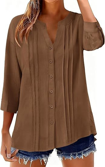 Pleated Casual Solid-Color Loose Cotton-Linen Shirt