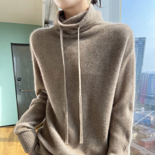 Autumn And Winter Cashmere Sweater Women's Turtleneck Drawstring Loose Thick Pullover Sweater
