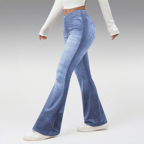 Denim højtaljede slim-fit let flared bukser, der skaber et slankende look