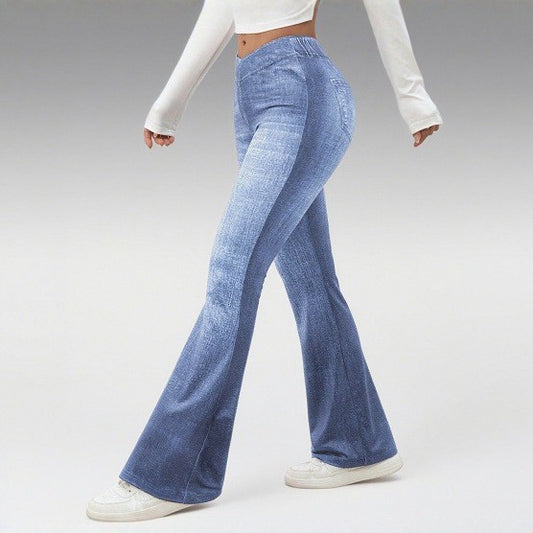 Denim højtaljede slim-fit let flared bukser, der skaber et slankende look