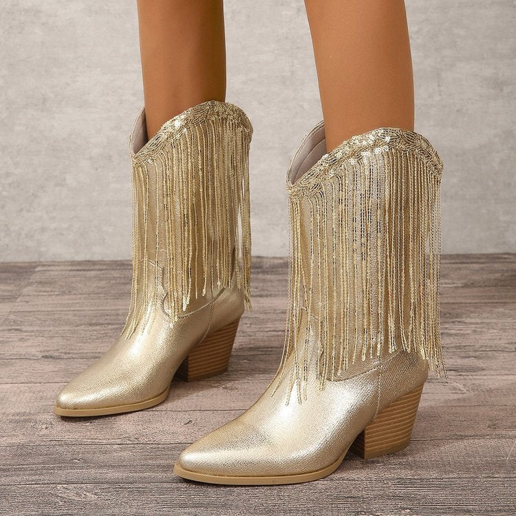 European And American Fashion Middle Fashion Boots Female Retro Chunky Heel Pleated Western Knight