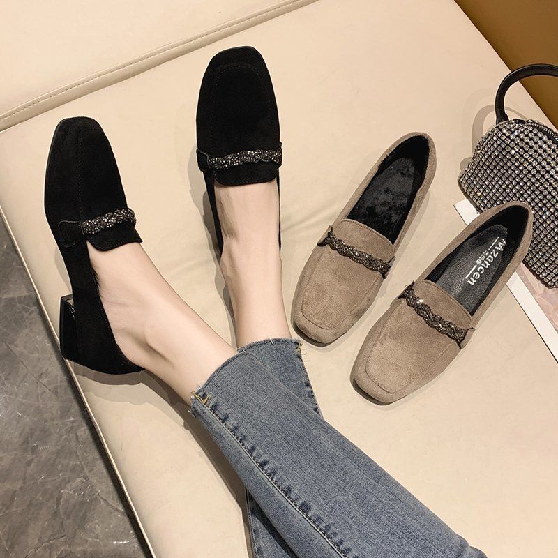 Women's Shoes With Rhinestone Square Toe Mid-heel Chunky Heel Shoes