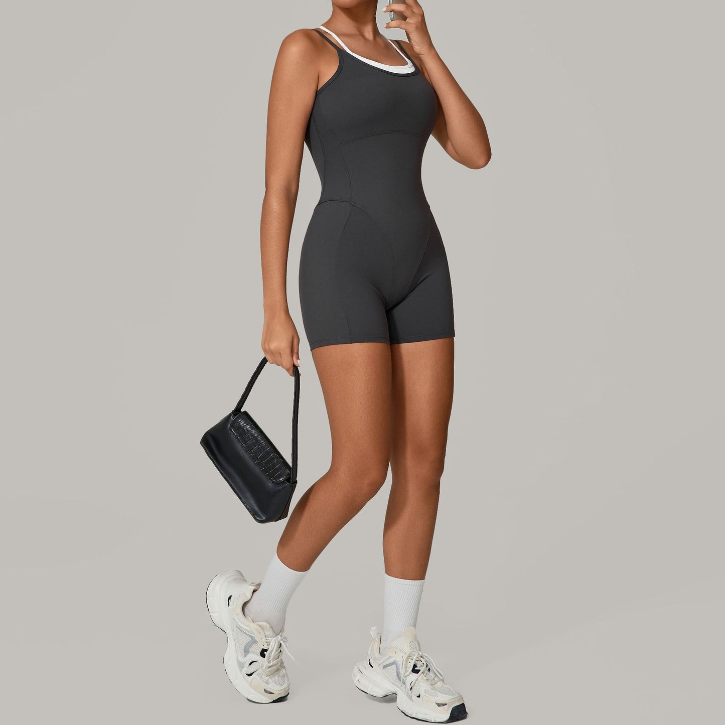 Autumn Sand Fake Two-piece Contrast Color Sling Sports Jumpsuit