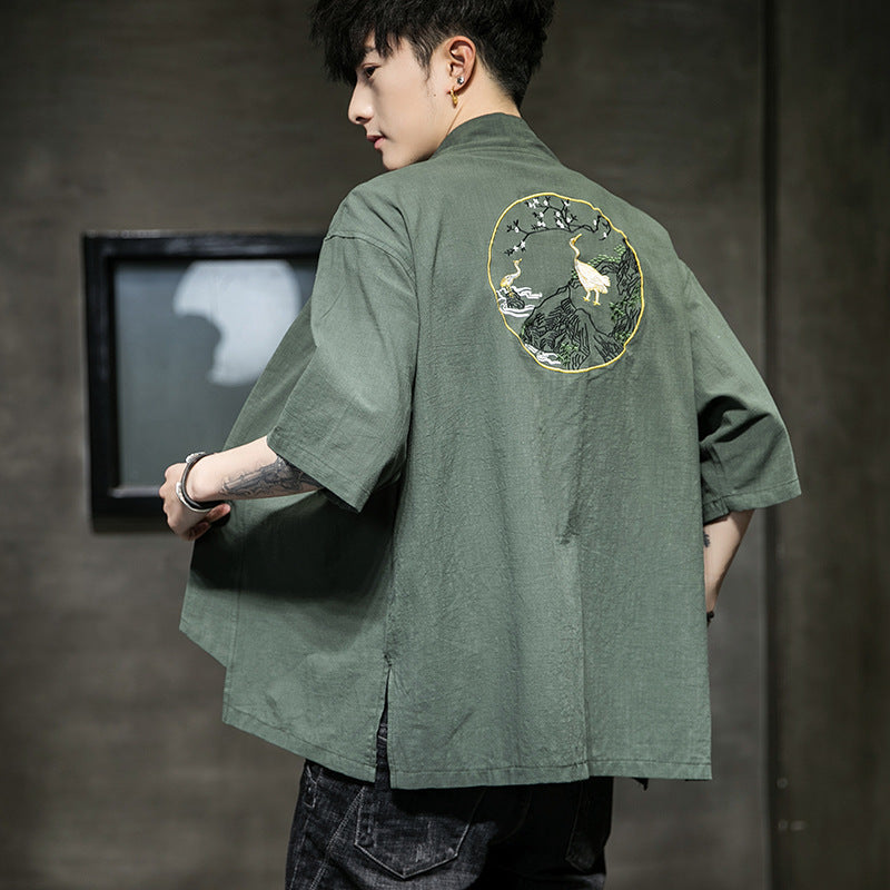 Men's Chinese Style Cotton And Linen Casual Embroidered Cardigan