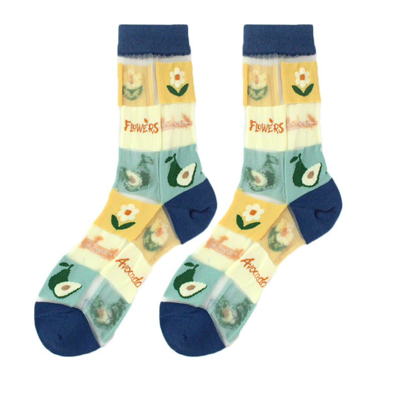 Thin Mid Tube Fashion Style Flower Forest Glass Stockings