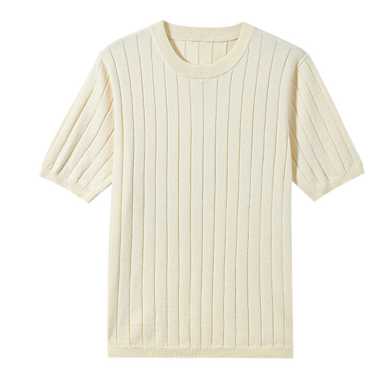 Round Neck Cotton Knitted Short Sleeve Vertical Stripe Elegant Top