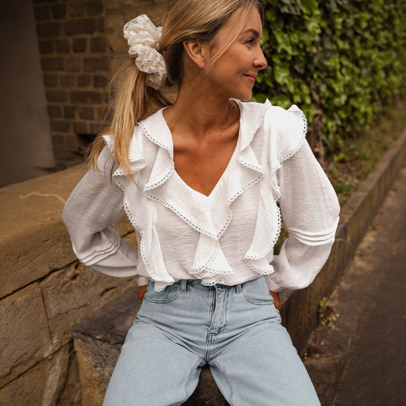 French Pastoral Style Lace Ruffled V-neck Blouse For Women