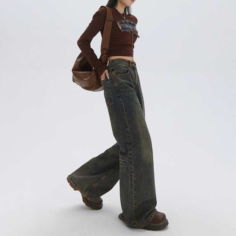 American Retro Loose Wide Leg Bootcut Trousers High Waist Slimming Drape
