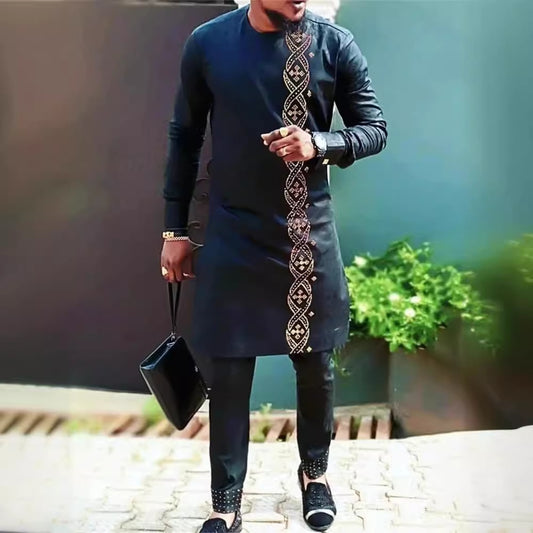Men's Printed Long-sleeved Top Trousers African Suit