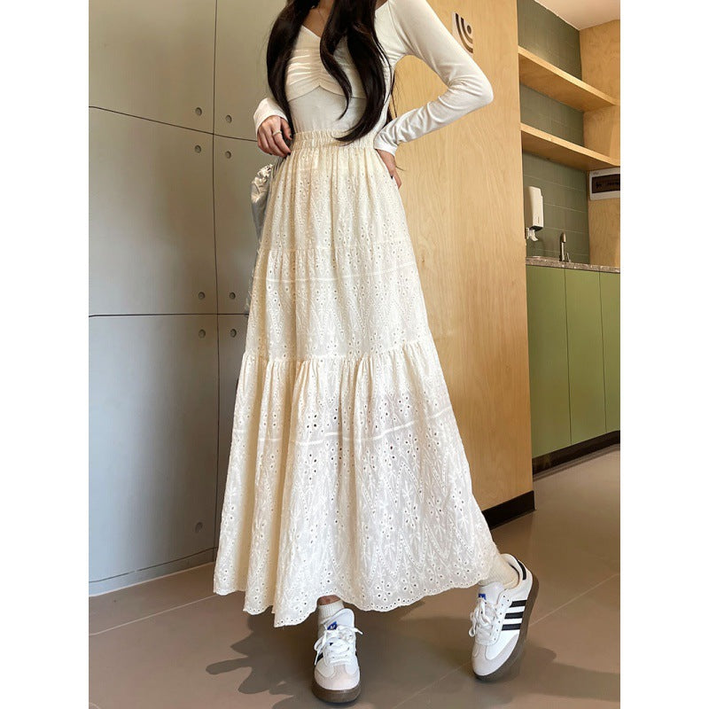 New French Style Retro Elastic Waist Pure Cotton Embroidery Long Dress