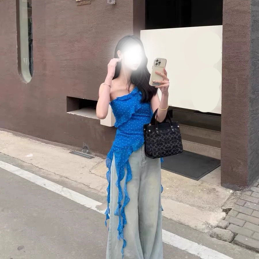 Dame uregelmæssig blå prikket off-shoulder tanktop