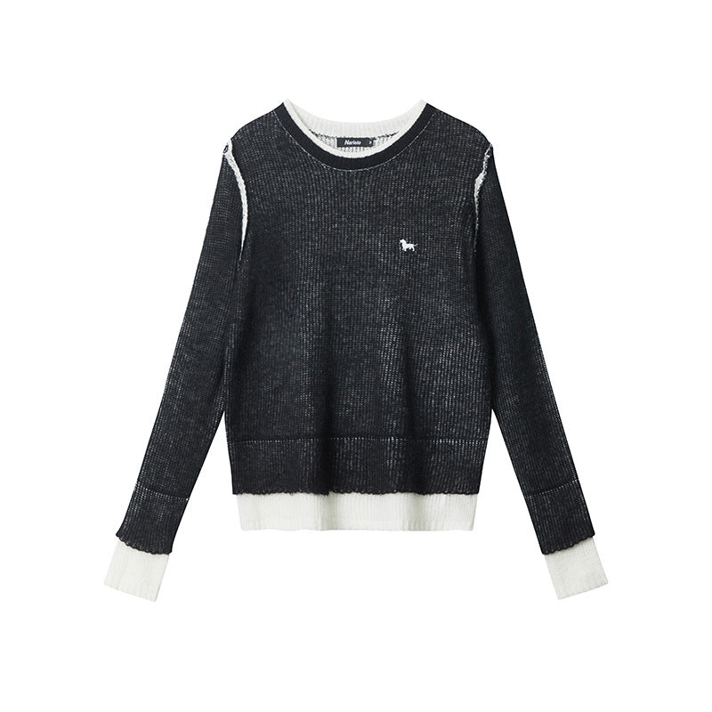 Pullover New Round Neck Stitching Design Knitted Sweater Long Sleeve