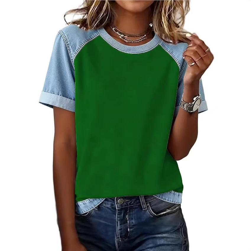 Denim Patchwork Crew Neck Short-sleeve Loose Casual Everyday Versatile