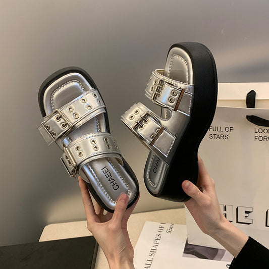 Flat Toe Ring Word Platform Slippers
