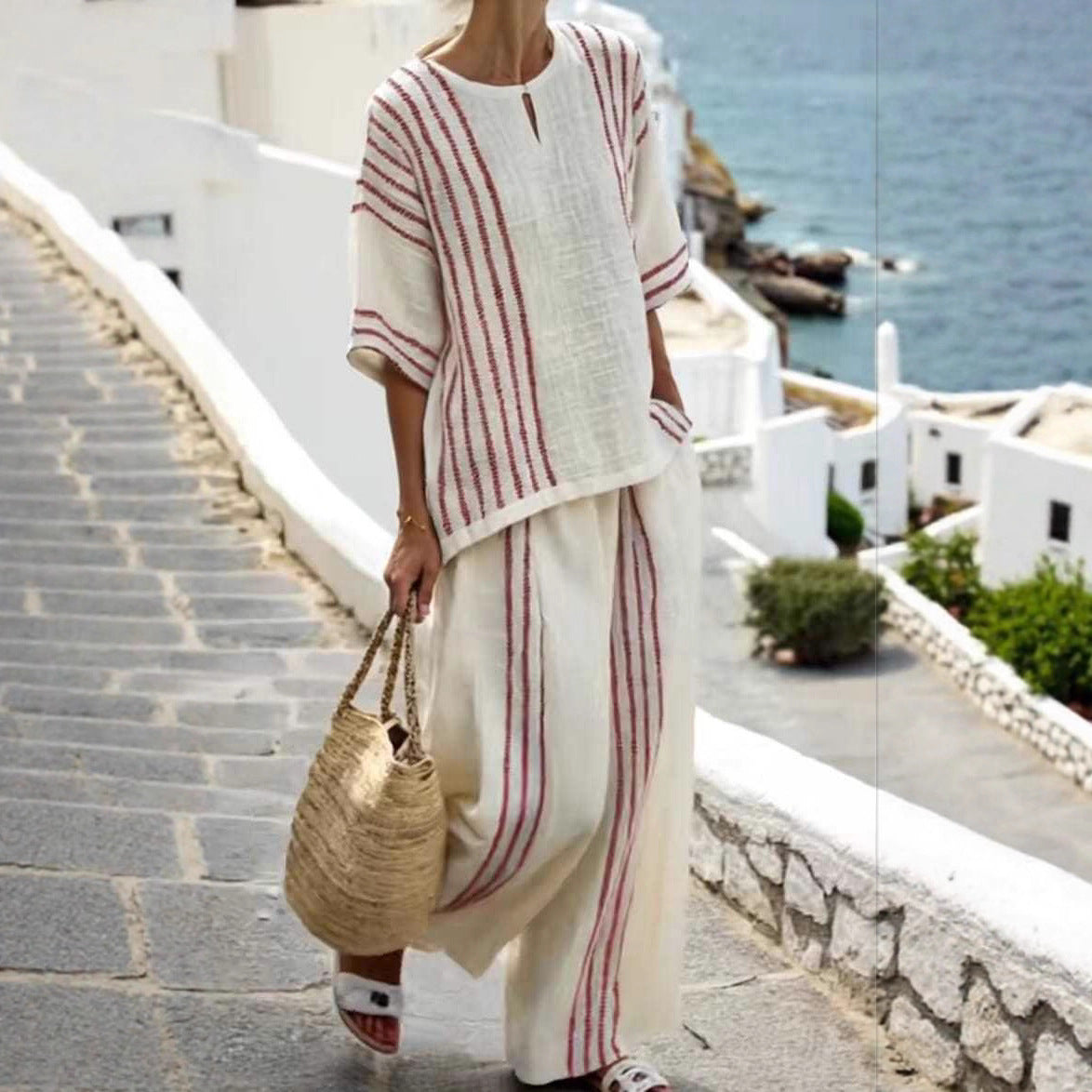 Round Neck Striped Short Sleeve Cotton And Linen Top Casual Pants Women's 2-piece Set