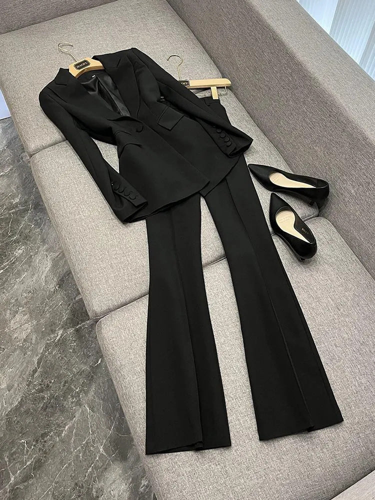 Womens Stylish Mid-length Blazer And Flared Pants Fashion Set