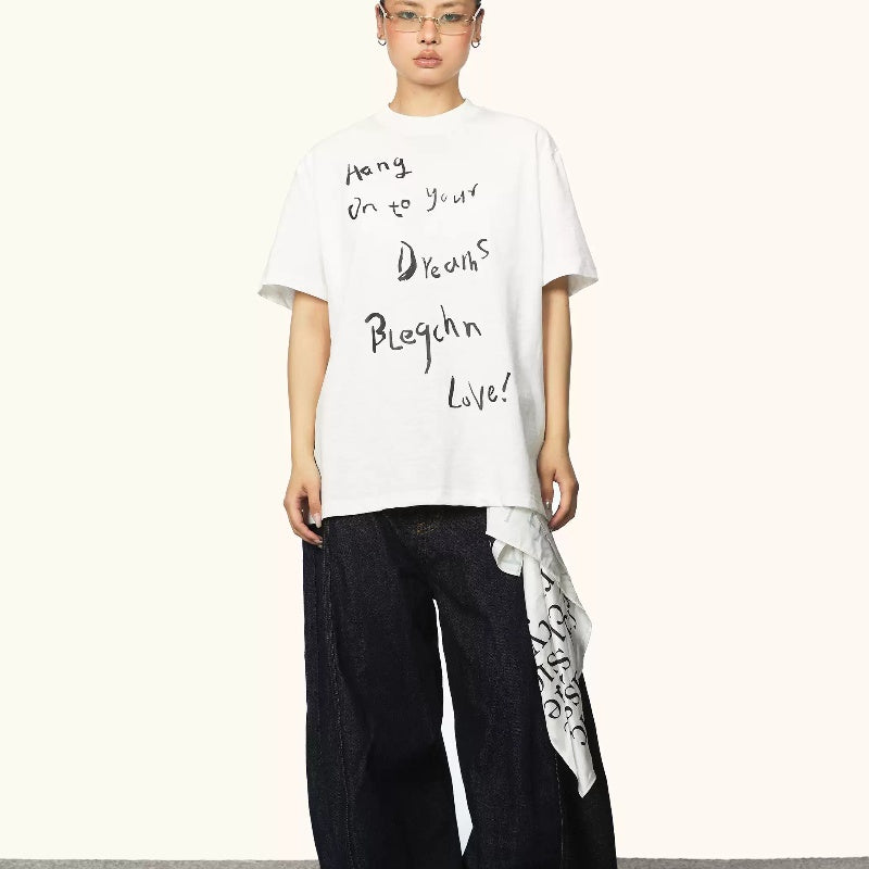 Cursive Script Letter Short Sleeve Round Neck T-shirt For Women Summer New