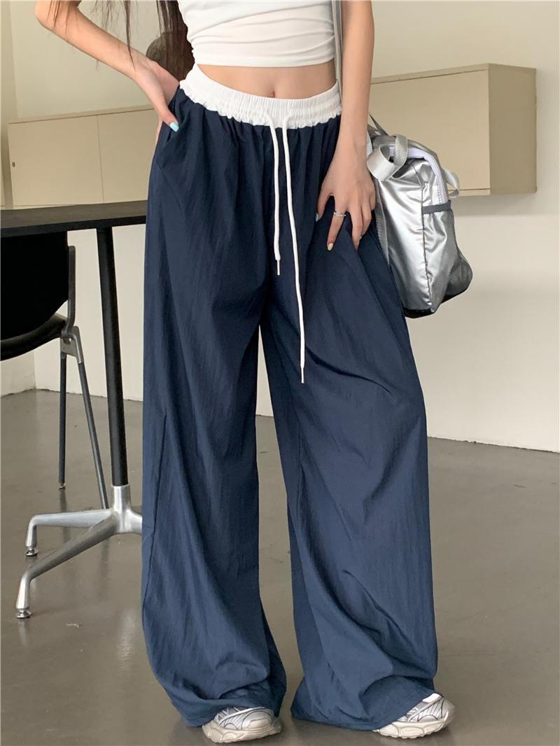 American Retro Street Style Stitching Contrast-color High Waist Tooling Pants