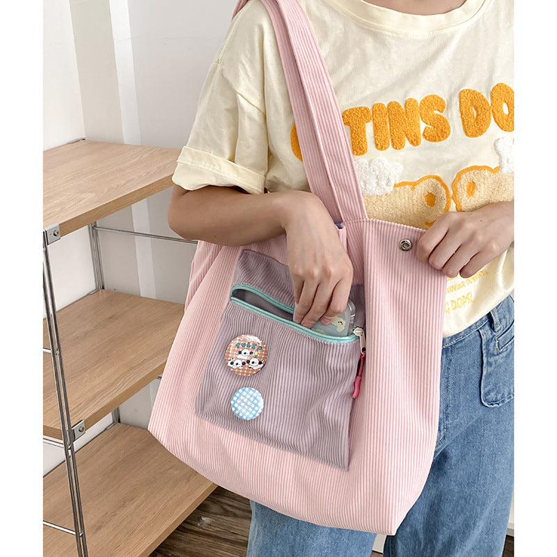 Corduroy Contrast Color Large Capacity Casual Shoulder Bag