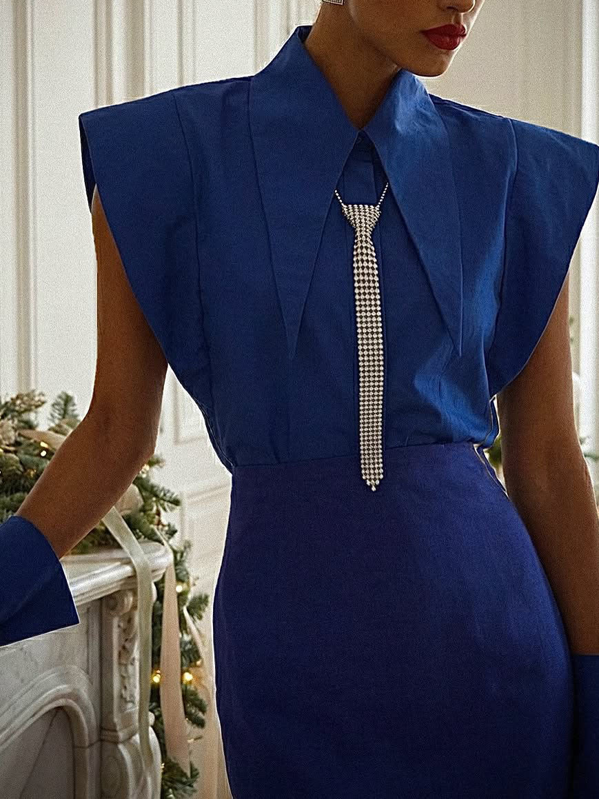 Padded Shoulder Lapel Beaded Top & Mermaid Skirt Set