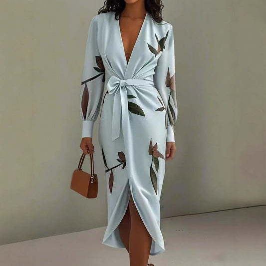 V-neck Long-sleeve Lace-up Printed Maxi Dress