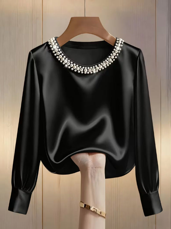 Simple Solid-Color Fashionable Beaded Crew-Neck Long-Sleeve Womens T-Shirt
