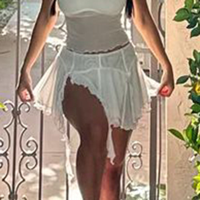 Summer Solid Mesh Pleated Skirt