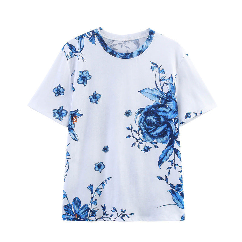 Flower Print Pullover Short-sleeved Casual Top