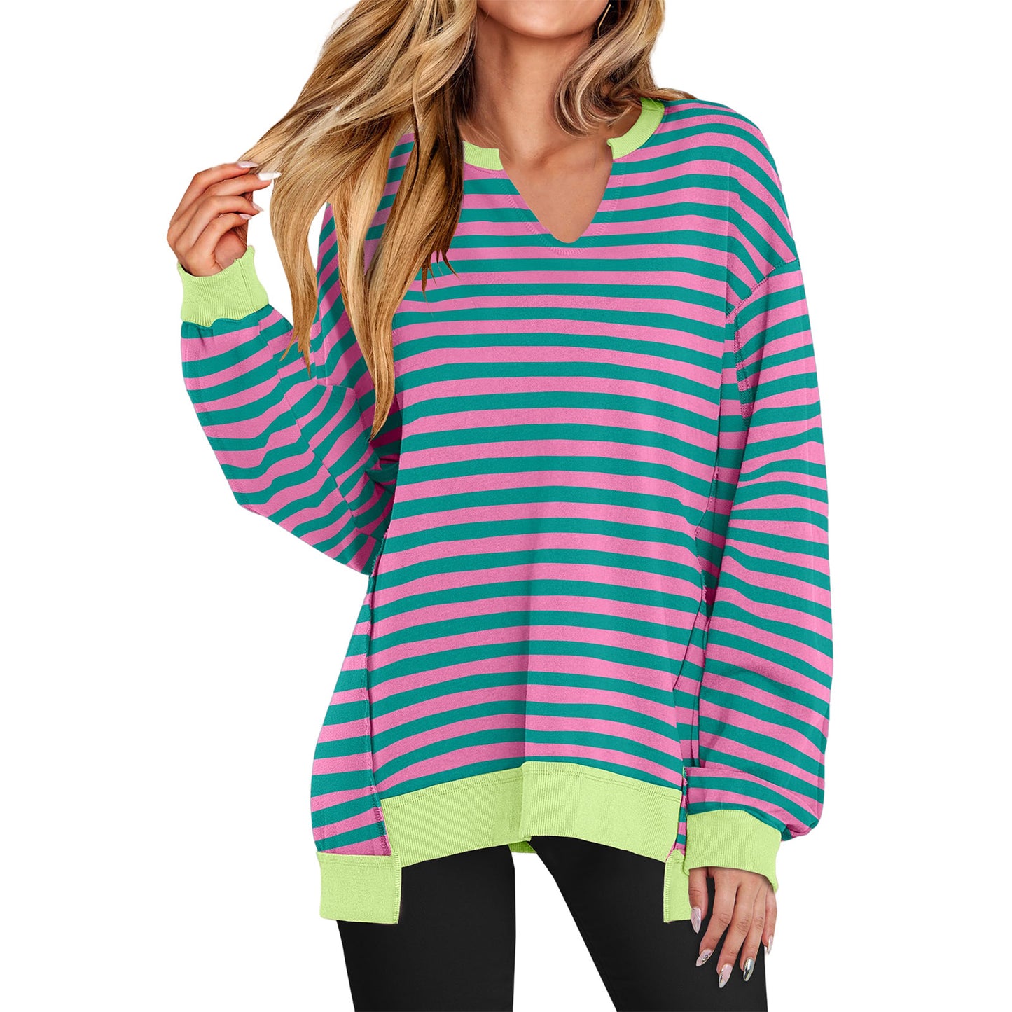 Dame Stribet V-hals Løs Sweatshirt Strik
