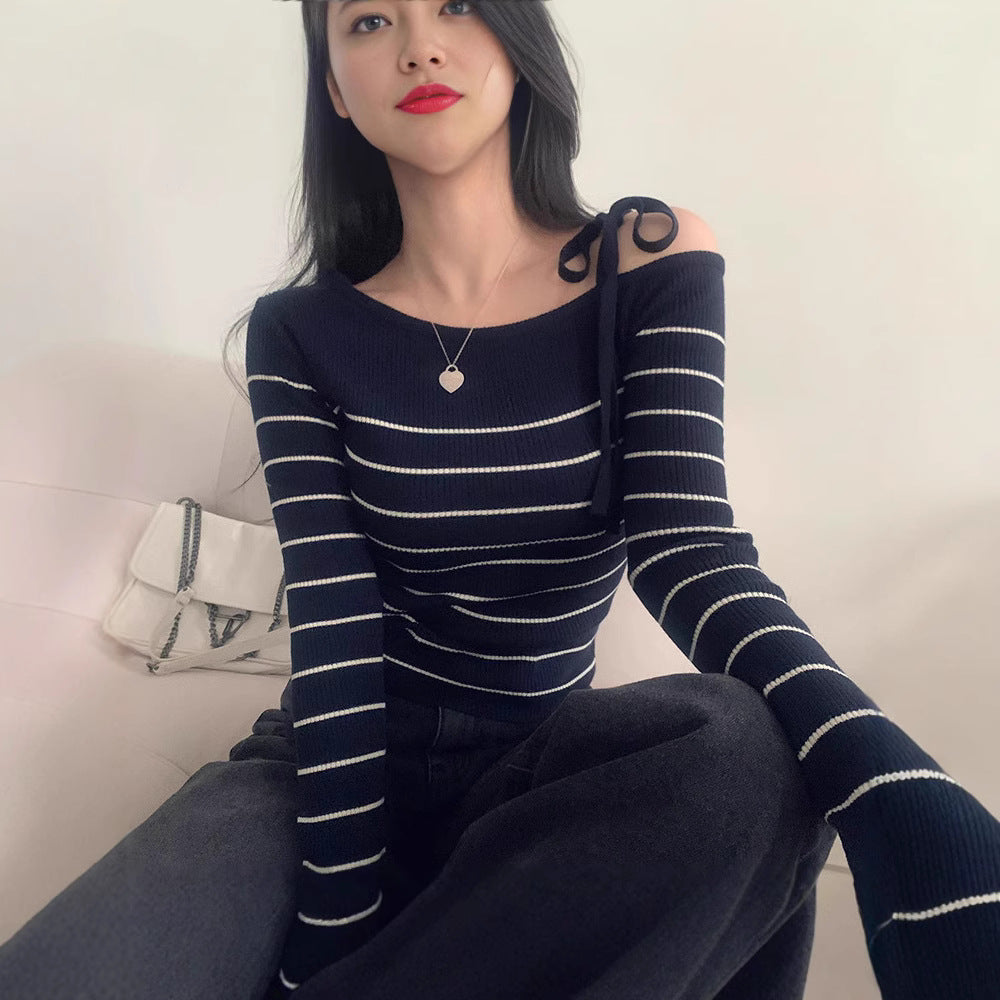 Casual Diagonal Collar Off-the-shoulder Strap Striped Color Matching Sweater Top