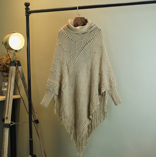 Efterår og vinter Ny strikket sjal med kvaster Højhalset Varm flagermusærmet pullover
