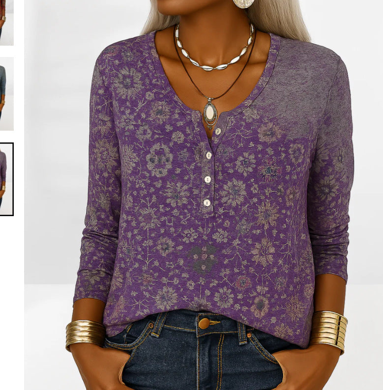 Women's Long-Sleeve Printed V-Neck Loose T-Shirt