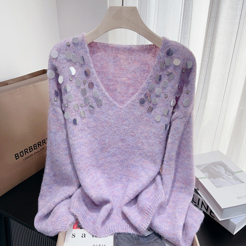 Chunky broderi pailletter diamant V-hals pullover hyggelig sweater