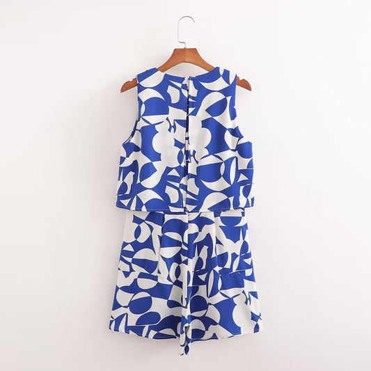 Womens Blue-Print Jumpsuit Shorts From Europe And The US